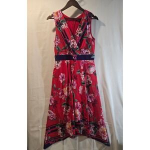 CHRIS MCLAUGHLIN Red Floral V Neck Sleeveless Midi Dress Size 8